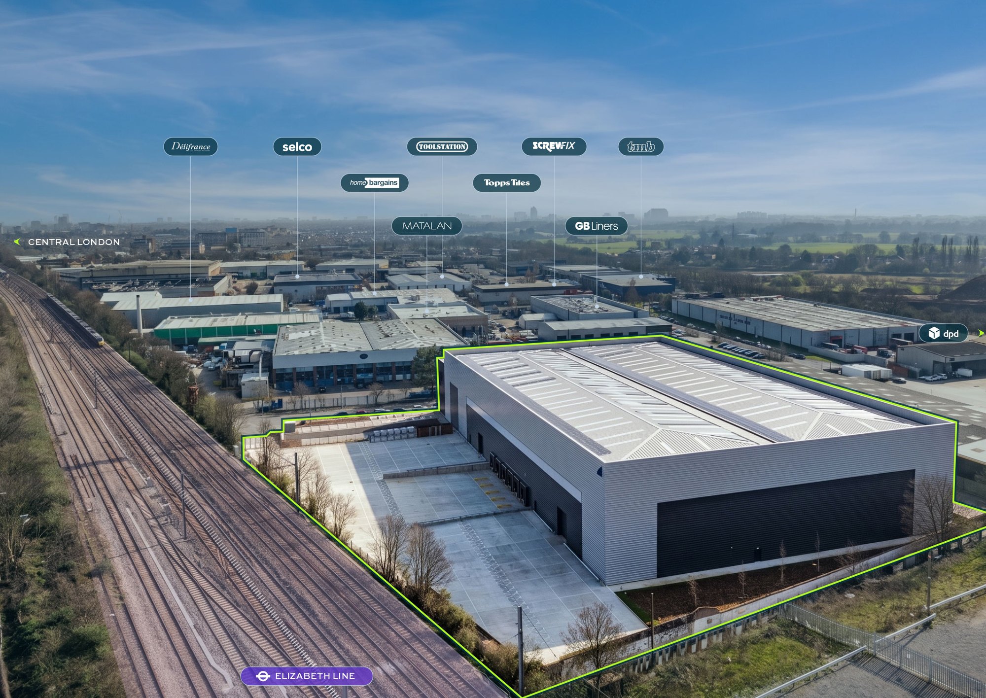 Aerial view of SYNC 78 on Collett Way, Southall, outlined in green, with neighbouring occupiers including Délifrance, Selco, Toolstation, Screwfix, Home Bargains, Topps Tiles, Matalan, GB Liners, TMB and DPD, and the Elizabeth line running alongside
