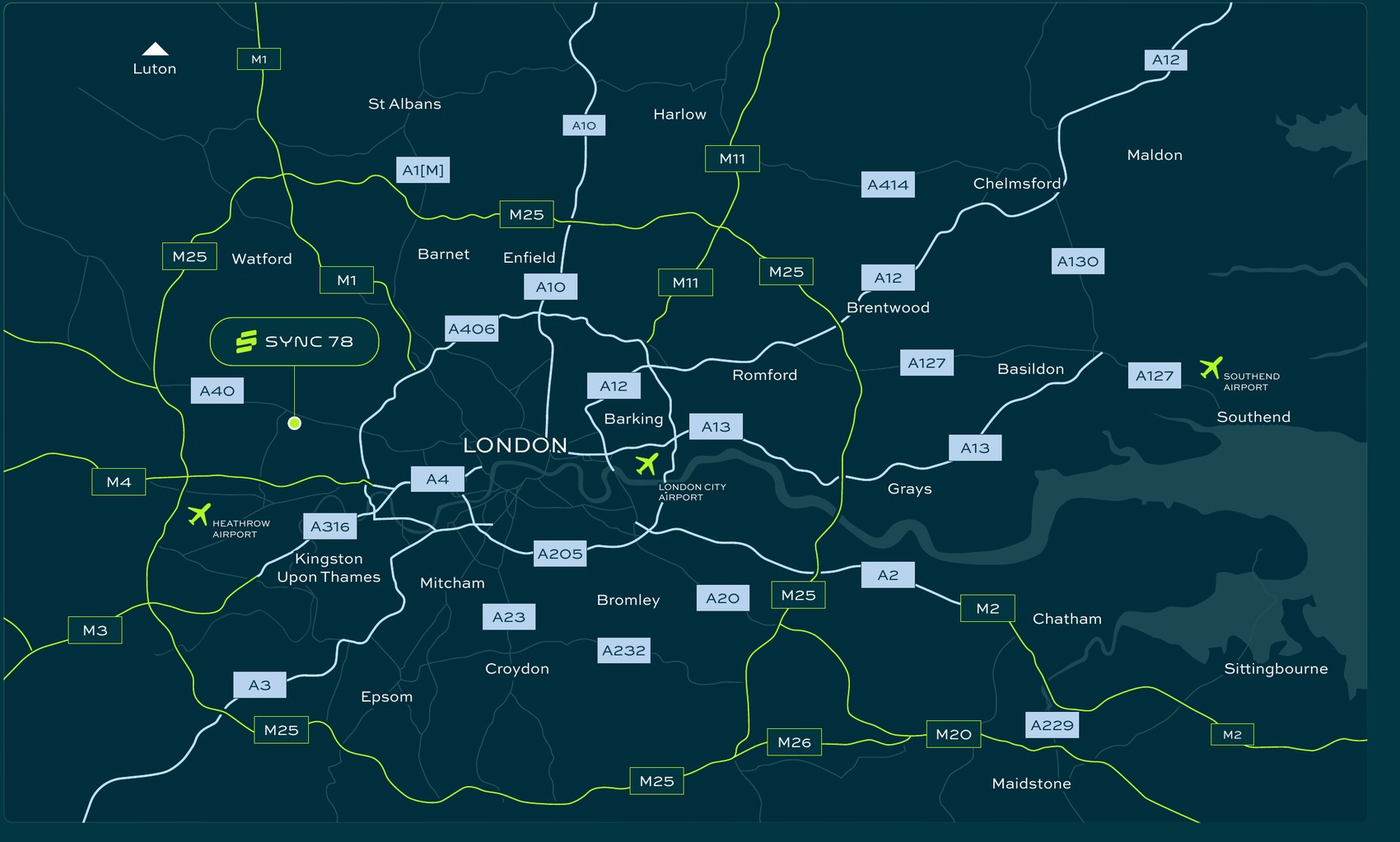 Regional map showing SYNC 78 in West London in relation to the M4, M25, M40, A40, Heathrow, London City and Southend airports